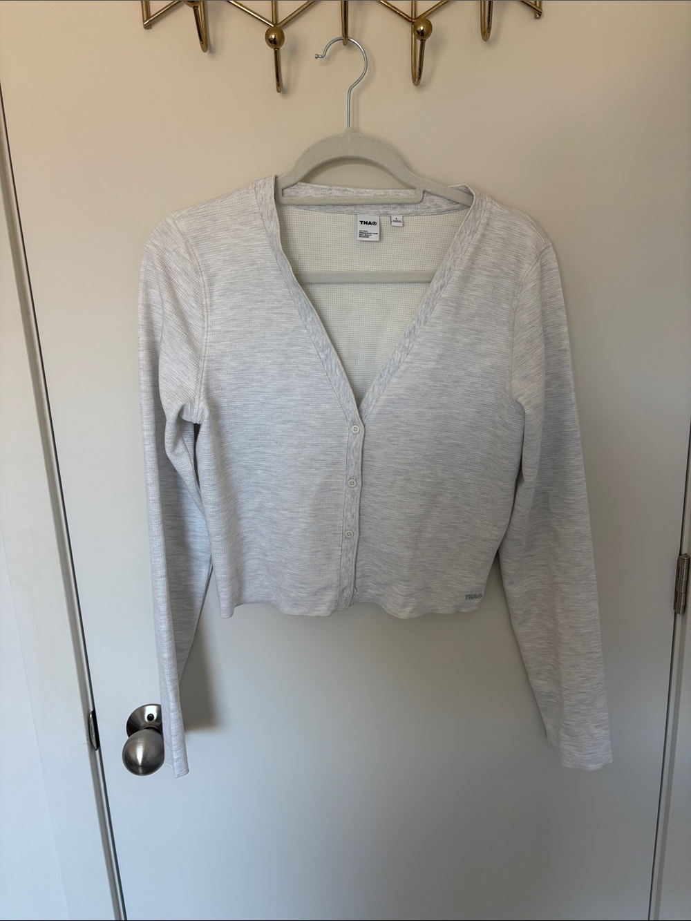 TNA Light Heather Gray Cropped V-Neck Button Cardigan